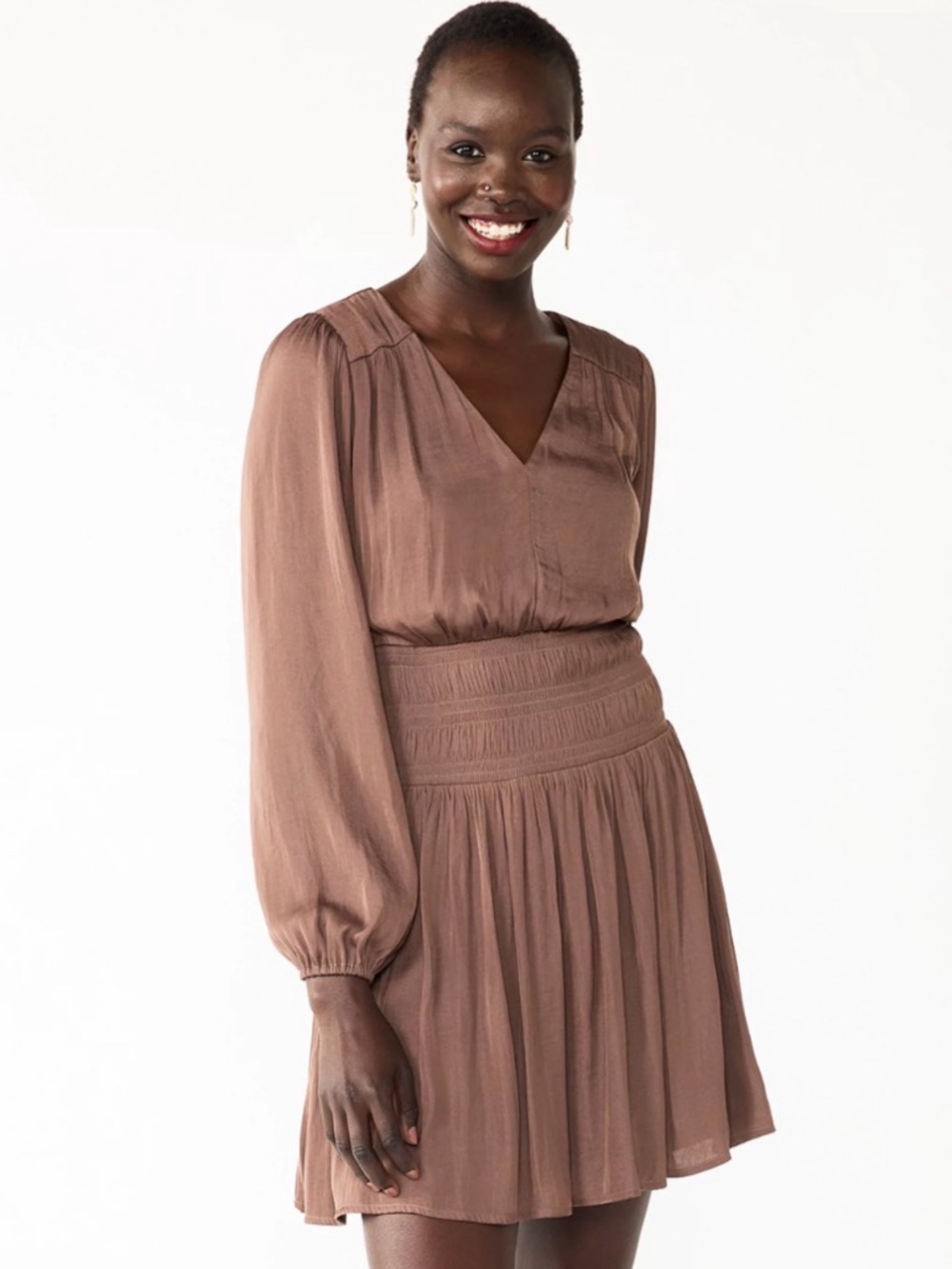 Nine West Women Brown Smocked Waist V-Neck Long Sleeve Satin Mini Dress Size S